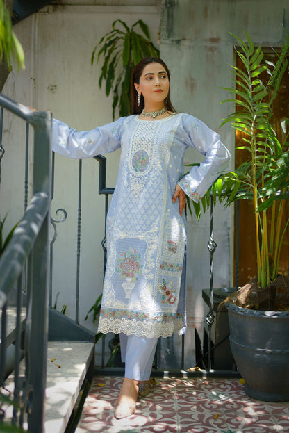 Sehr – Powder Blue Embroidered Lawn Three-Piece Suit