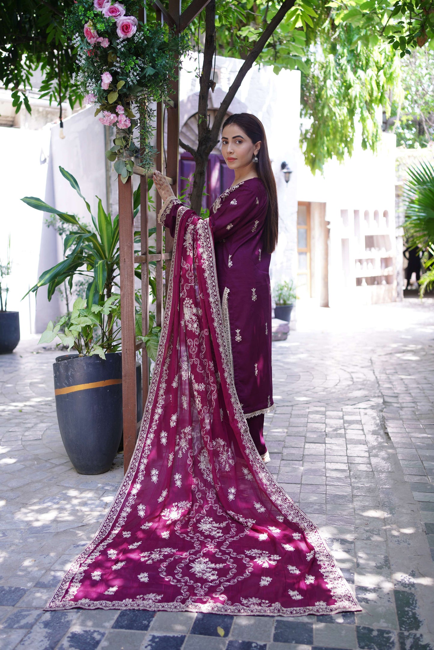 Shafaq – Plum Embroidered Lawn Three-Piece Suit