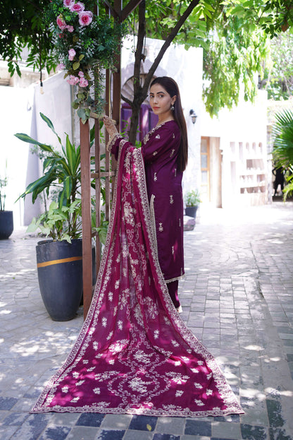 Shafaq – Plum Embroidered Lawn Three-Piece Suit