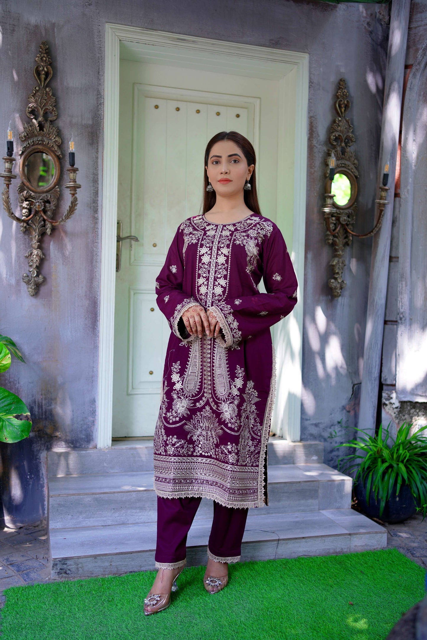 Shafaq – Plum Embroidered Lawn Three-Piece Suit