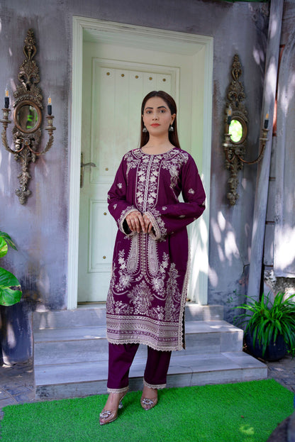 Shafaq – Plum Embroidered Lawn Three-Piece Suit