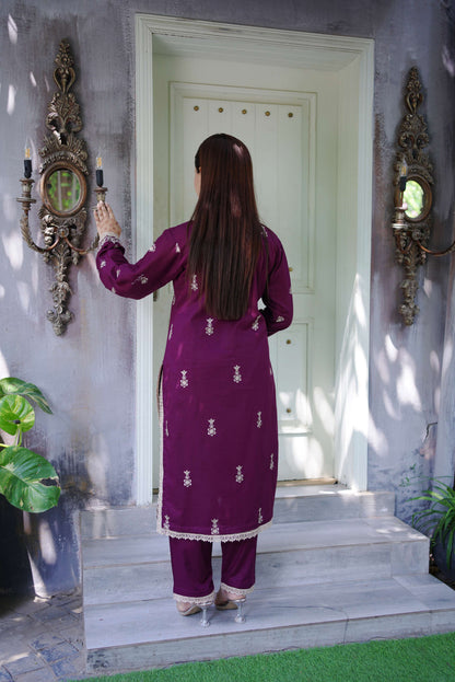 Shafaq – Plum Embroidered Lawn Three-Piece Suit