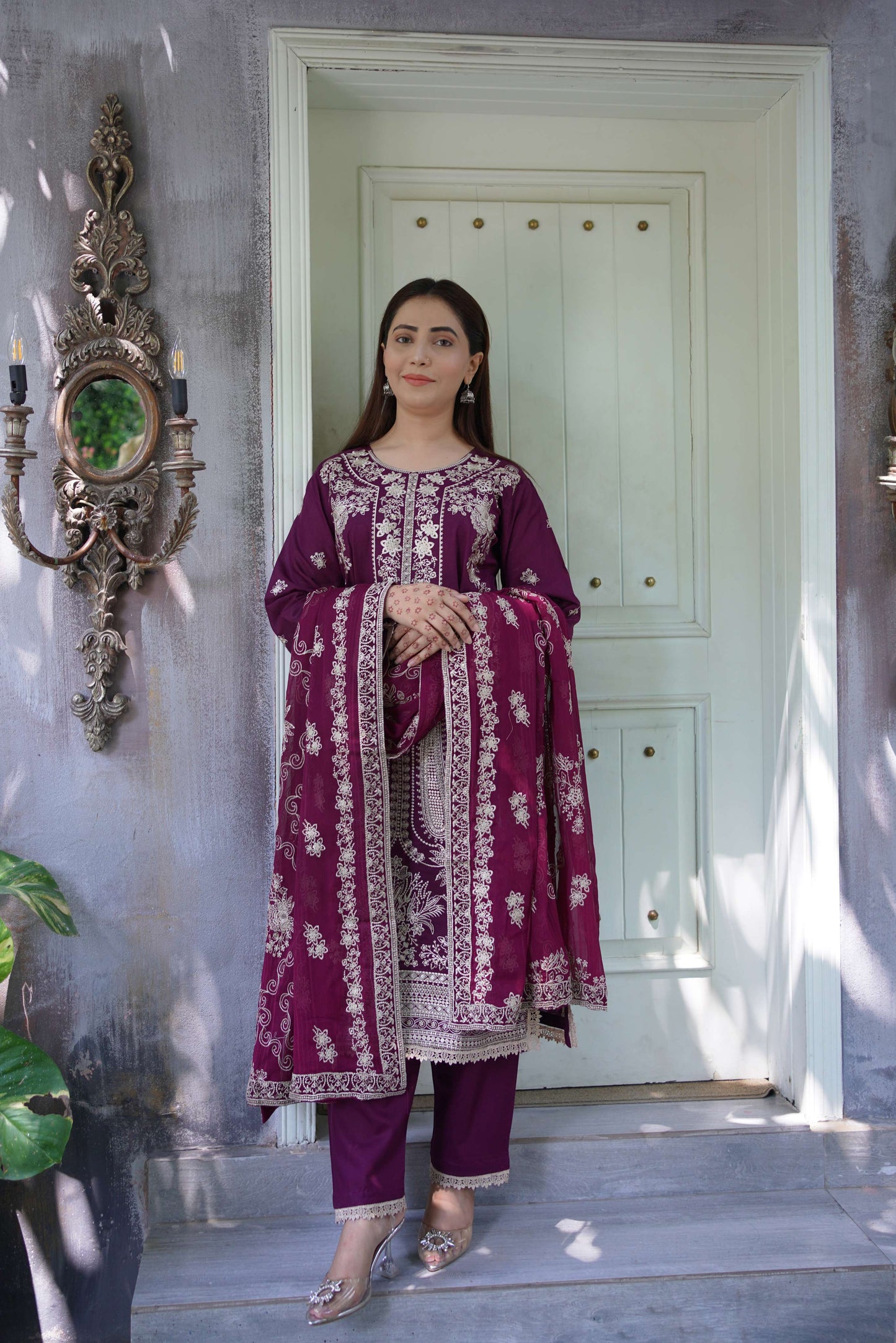Shafaq – Plum Embroidered Lawn Three-Piece Suit
