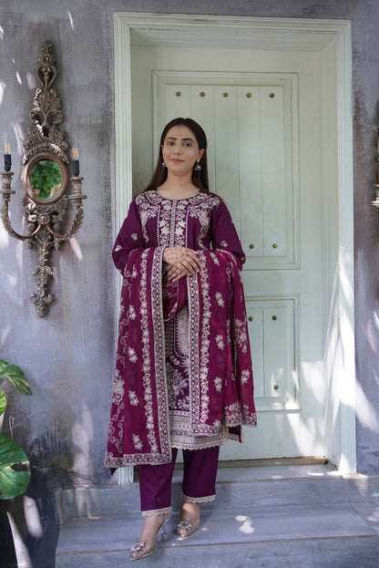 Shafaq – Plum Embroidered Lawn Three-Piece Suit
