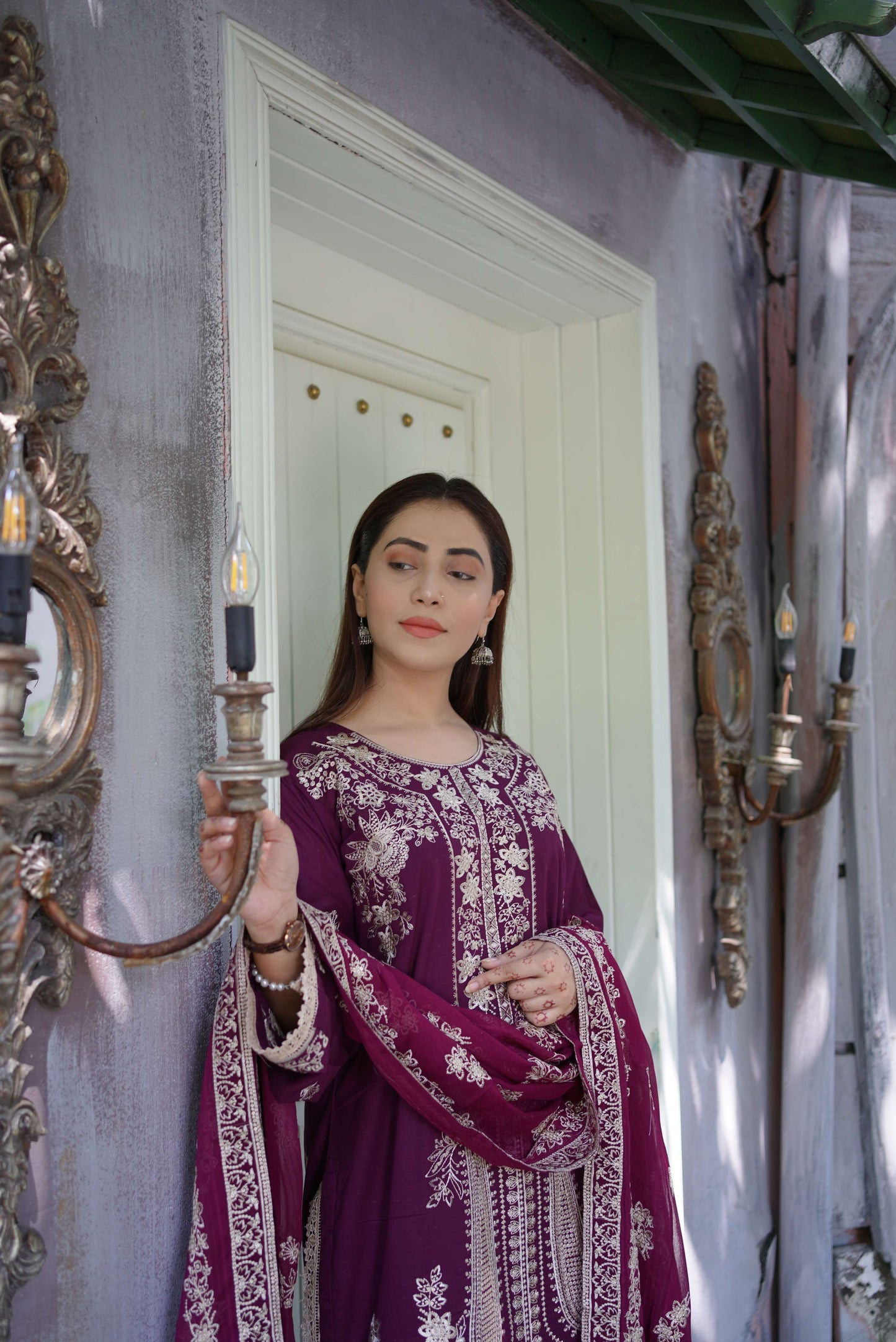 Shafaq – Plum Embroidered Lawn Three-Piece Suit