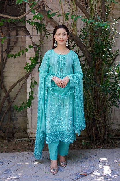 Firozah – Turquoise Embroidered Lawn Three-Piece Suit