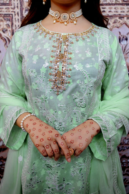 Bahaar – Pista Green Embroidered Lawn Three-Piece Suit