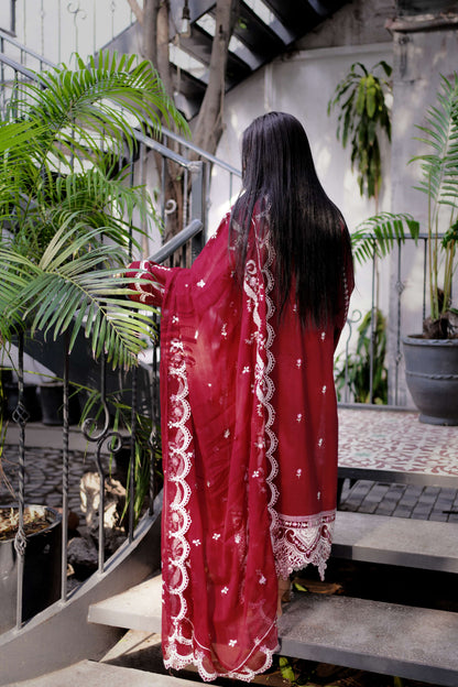 Laaleh – Red Embroidered Lawn Three-Piece Suit
