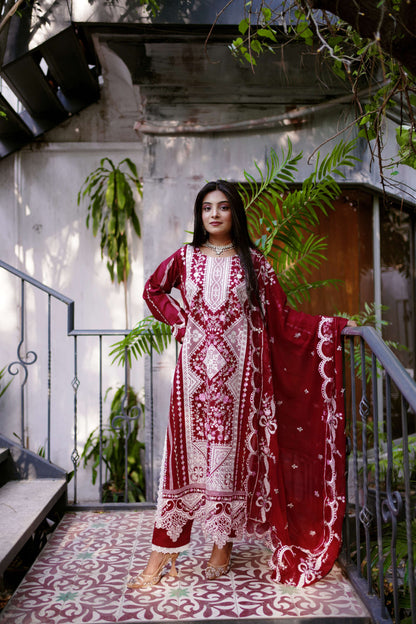 Laaleh – Red Embroidered Lawn Three-Piece Suit